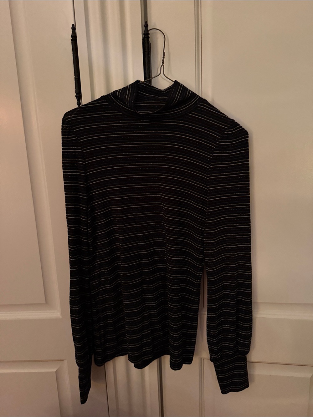 J. Crew Men's Black Turtleneck with Subtle Silver Stripes